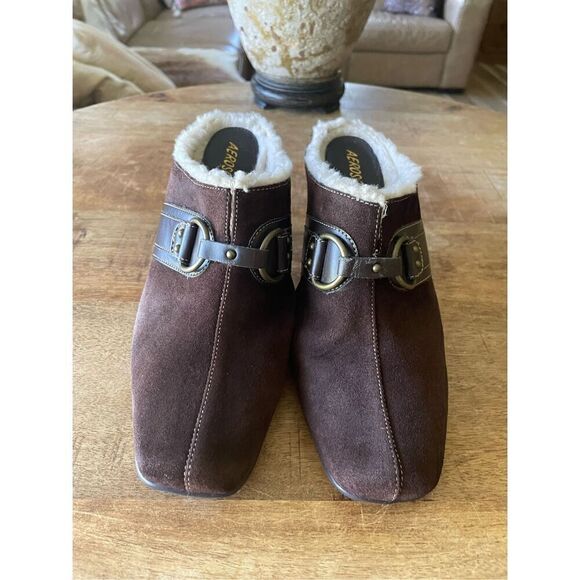 Vintage Aerosoles Pumps Womens Shearling Mule Block High Heels Brown Suede Comfo - Picture 2 of 7